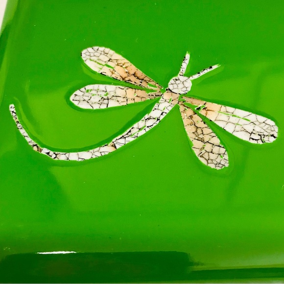 Lacquer Dragonfly Coasters Non Skid Back in Wood Lacquered Box Green/Black Set-6 - Picture 5 of 6
